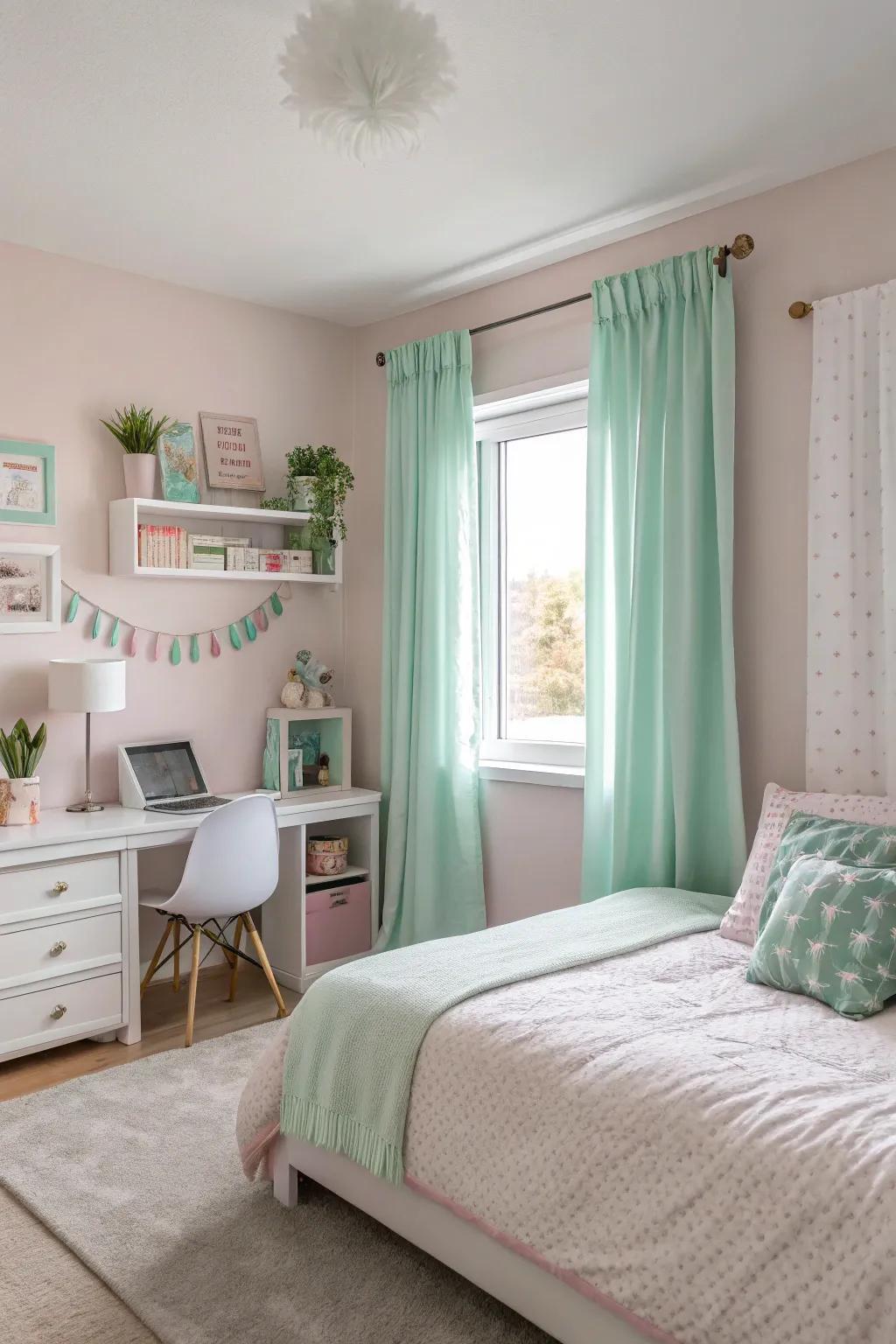 Gentle neutral and pastel tones establish a soothing and fashionable vibe in a girl’s haven.