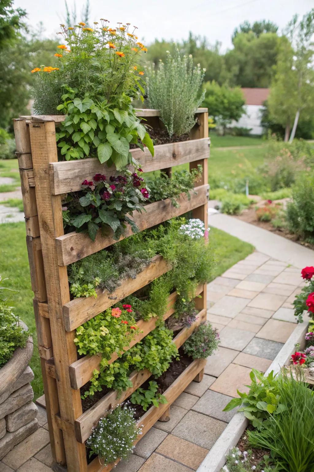 A lively elevated garden made using a reclaimed wooden platform.