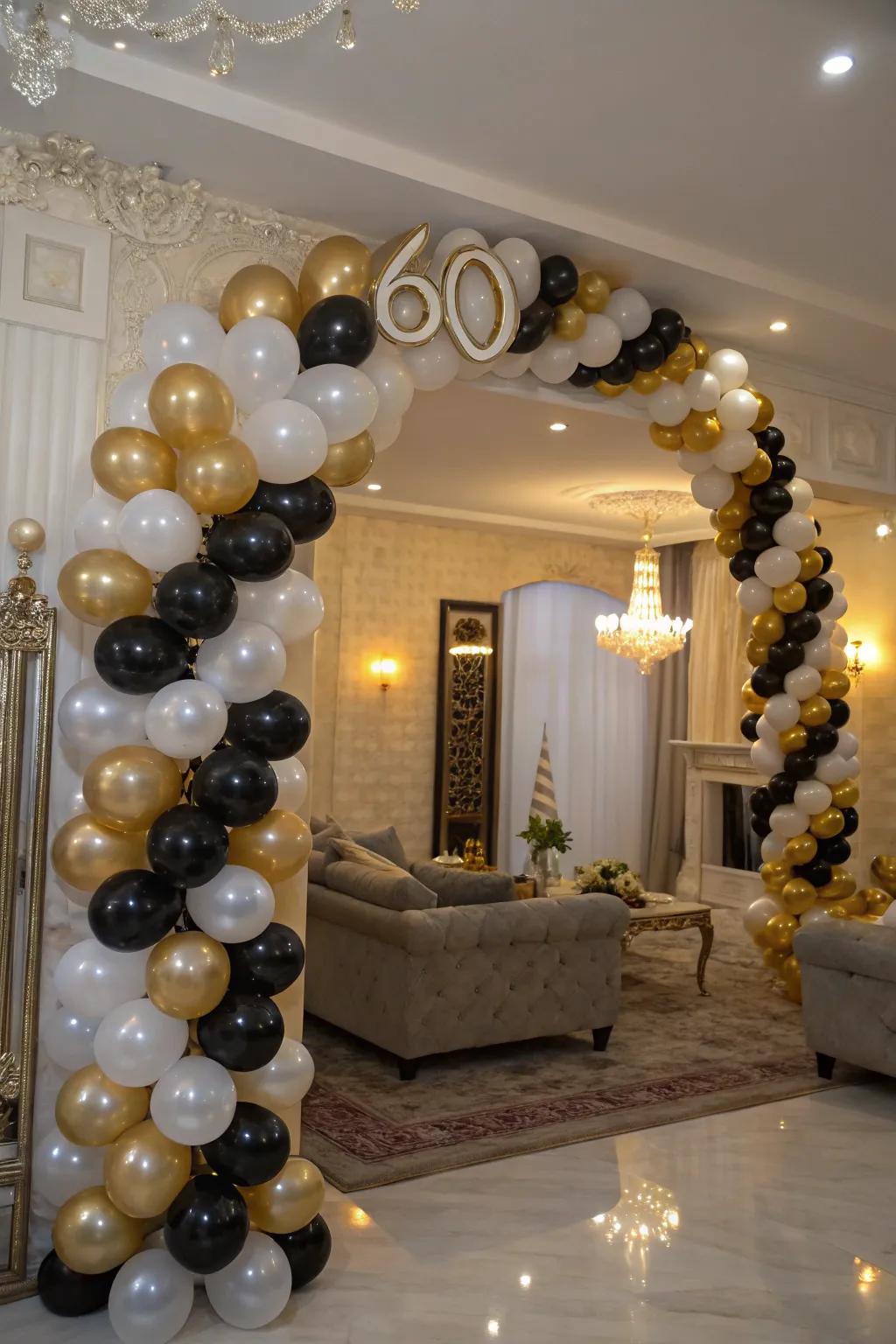 A stunning entryway framed by a gorgeous balloon arch.