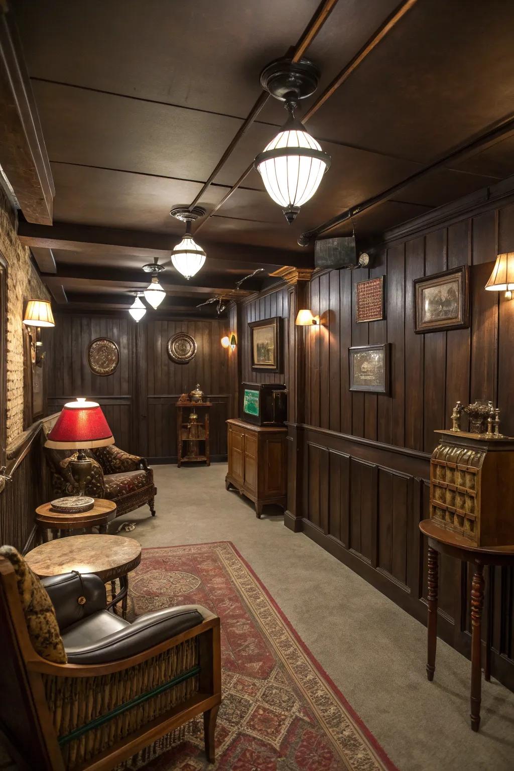 Timber panels establish the foundation for a basement design steeped in 70s inspiration.