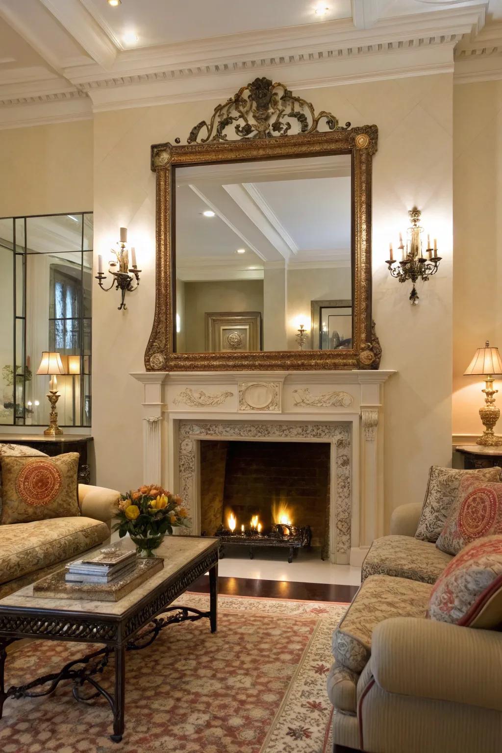 A sizable mirror above the fireplace enhances the room's spaciousness and brightness.