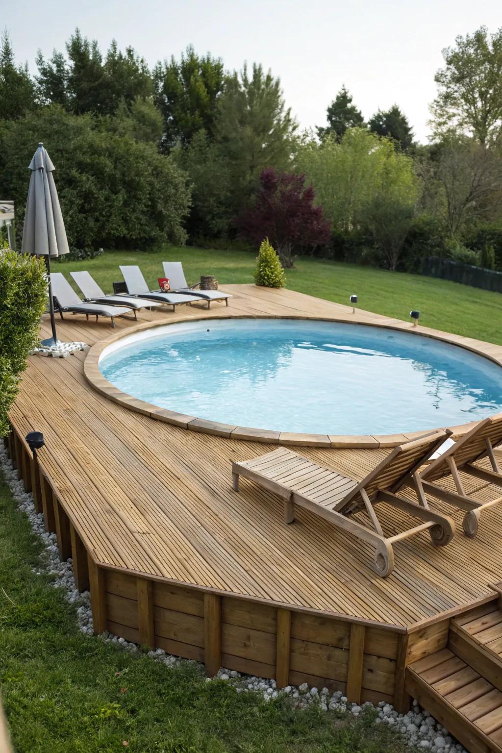 A charming wood deck brings sophistication to any pool setting.