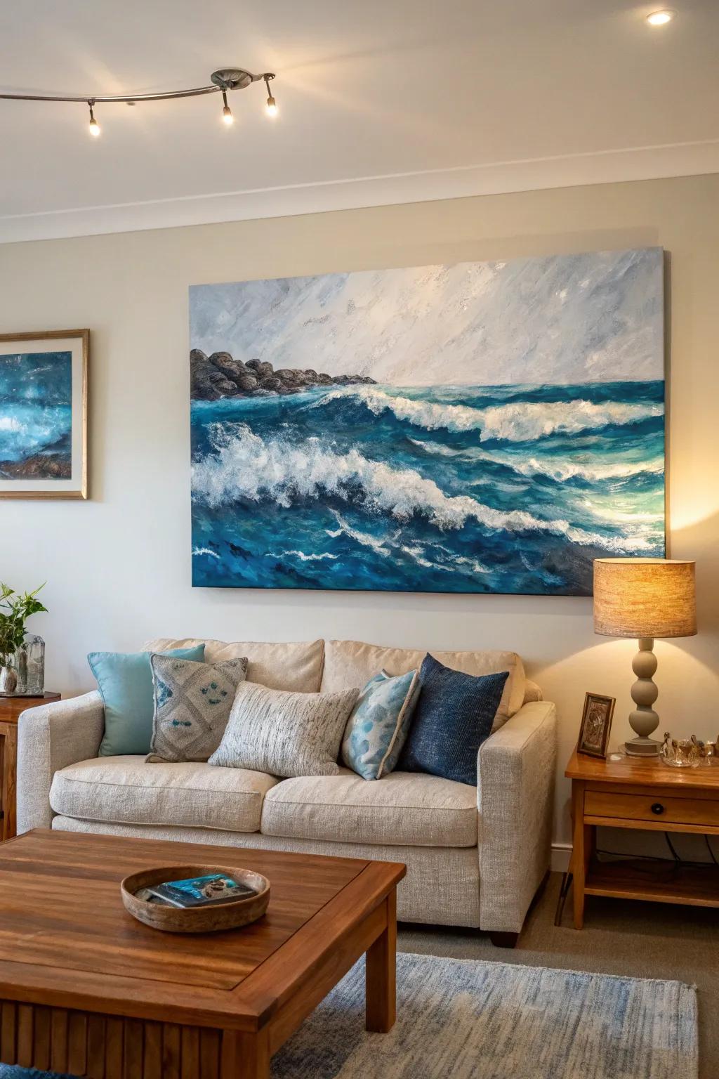 Abstract coastal artwork delivering ocean's calm indoors