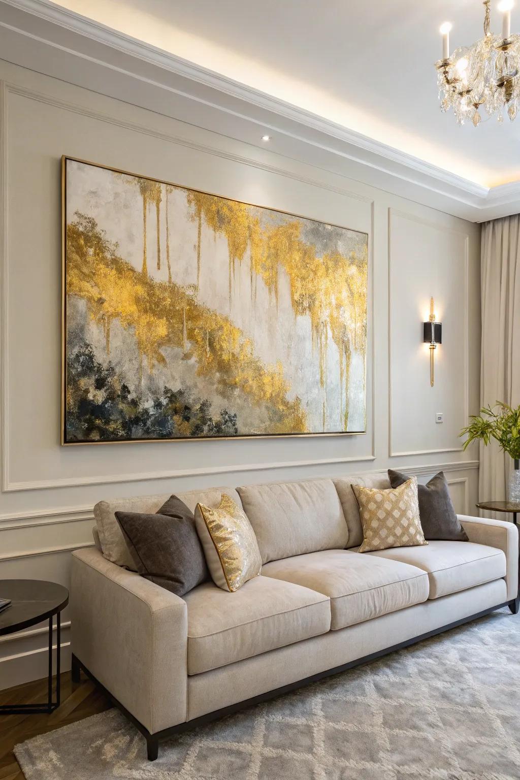 Gilded and neutral tones create an elegant, warm living room.
