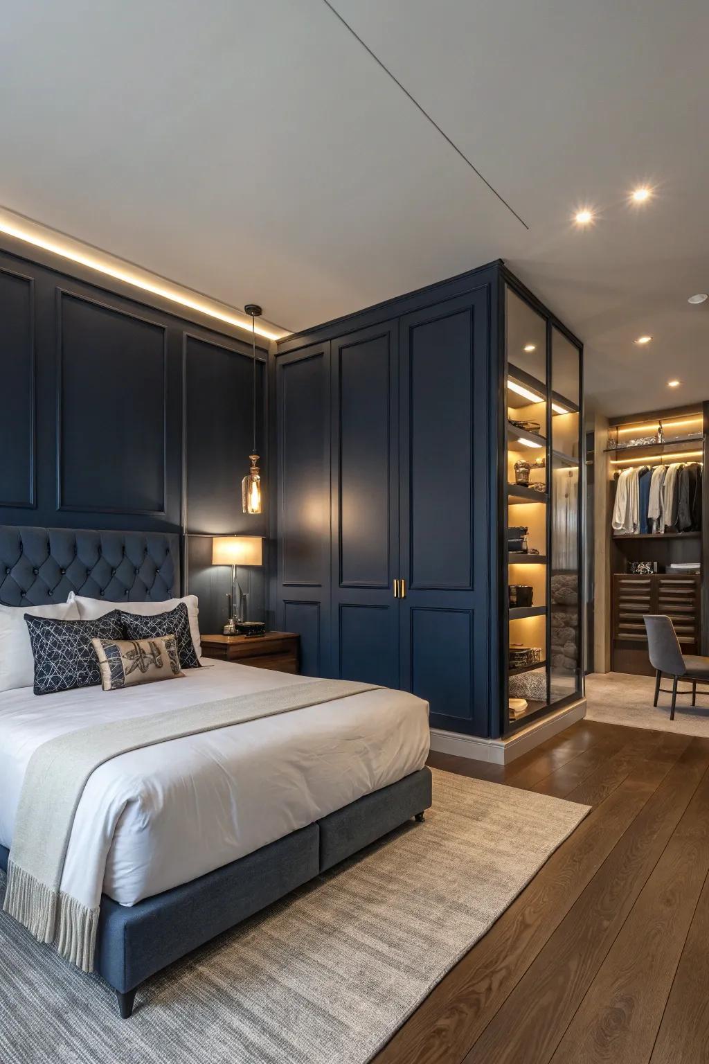 A deep blue accent wall introduces depth and sophistication to this snug bedroom.