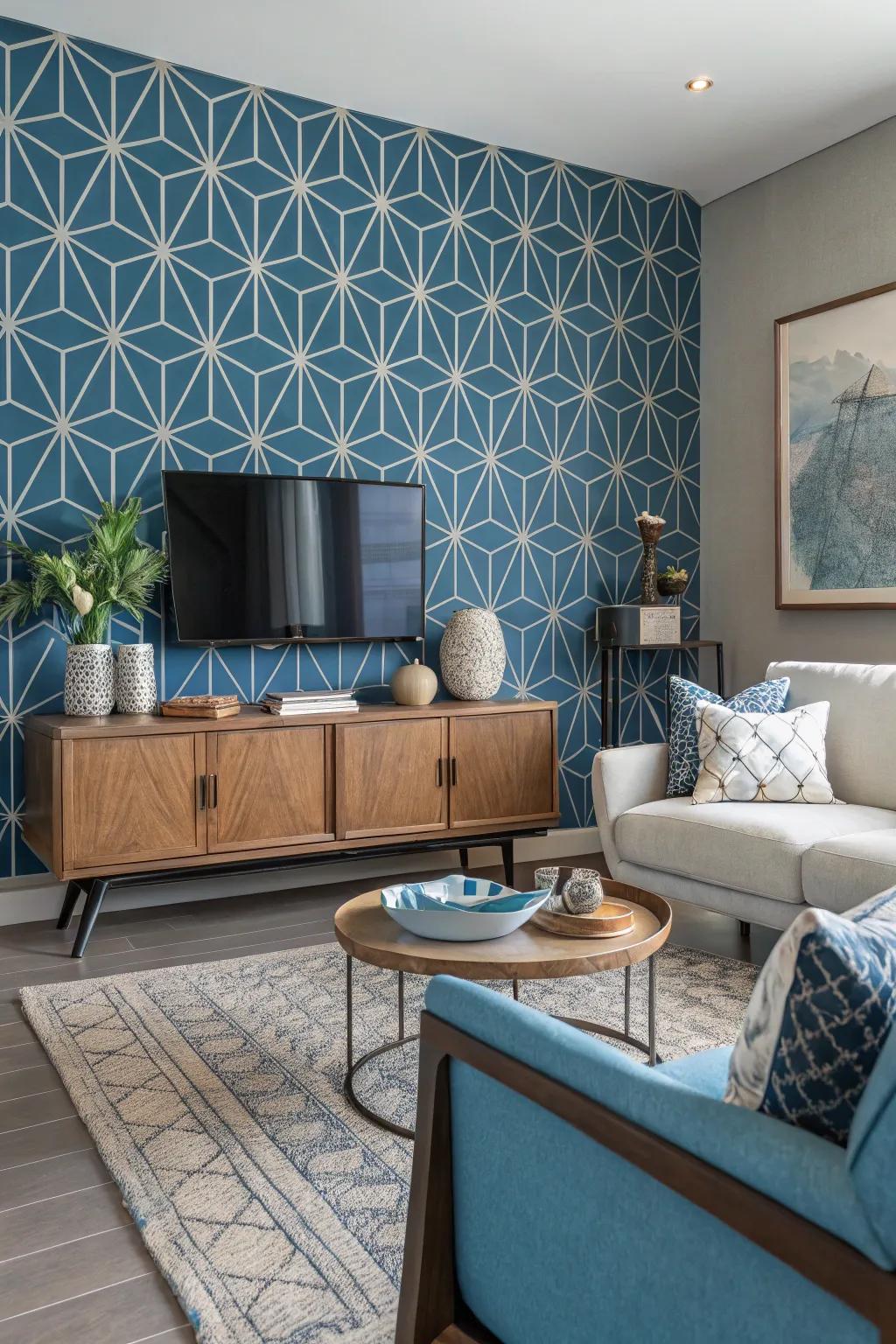 A fashionable geometric accent wall in a contemporary living space.