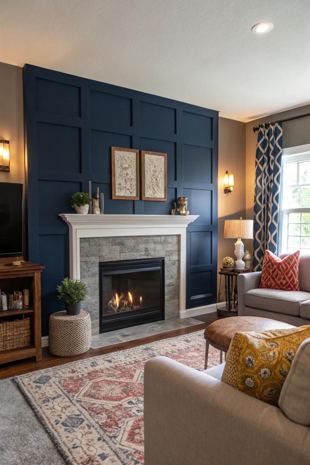 A striking navy backdrop beautifully emphasizes the sleek fireplace.