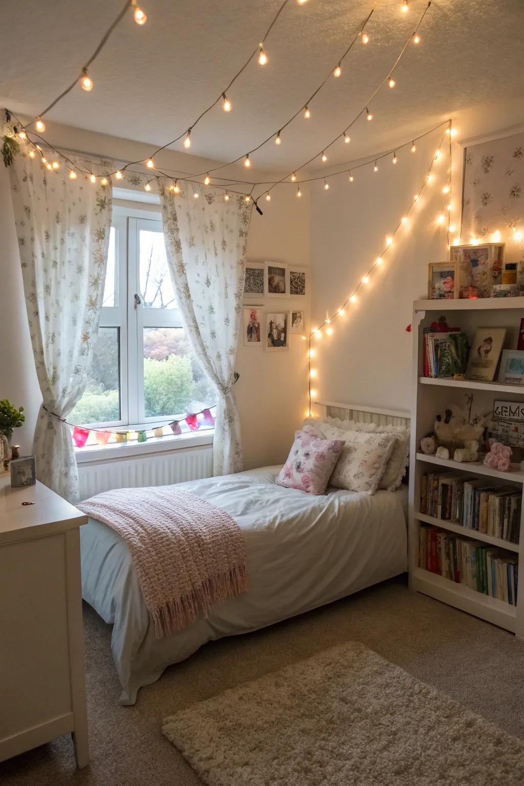 Twinkling lights enveloping an aesthetic room with a cozy, inviting ambiance.