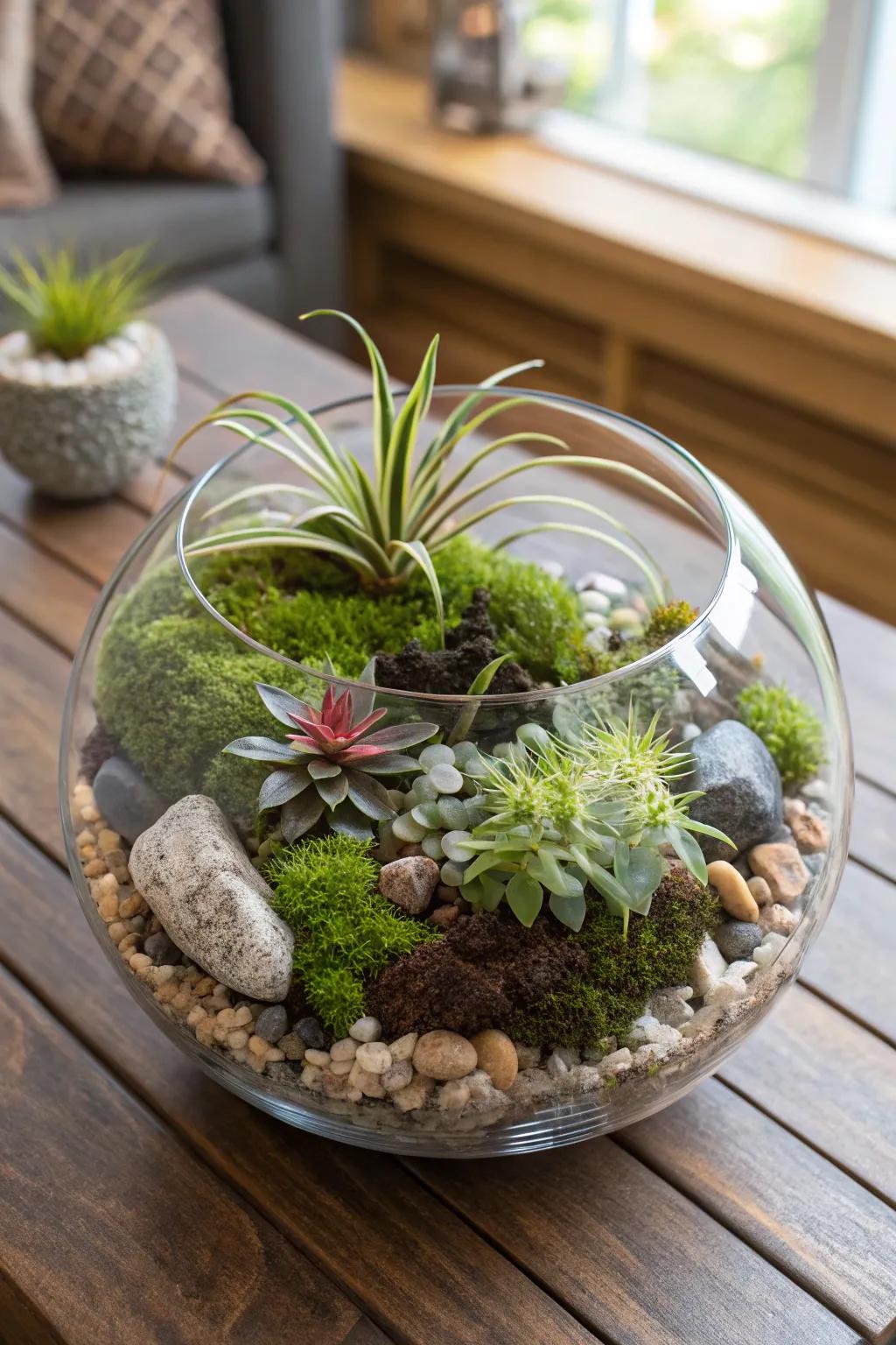 A glass terrarium showcases air plants amongst natural elements.