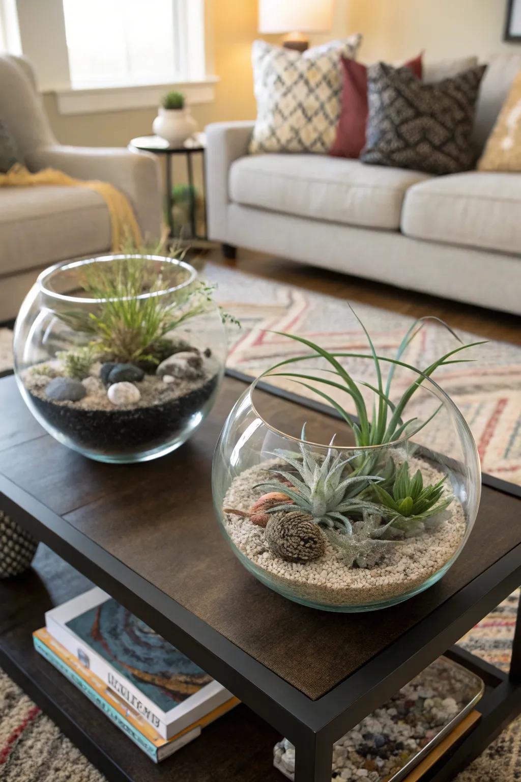 Air plants gracefully displayed in glass bowls.