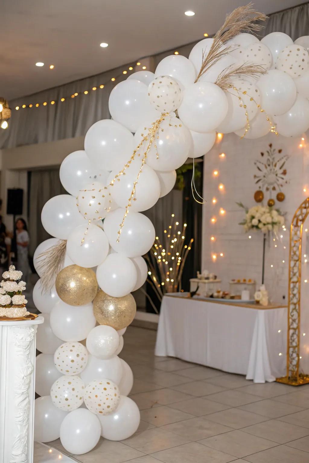 An exquisite white balloon arch enhanced with gold features, creating a sophisticated entryway.