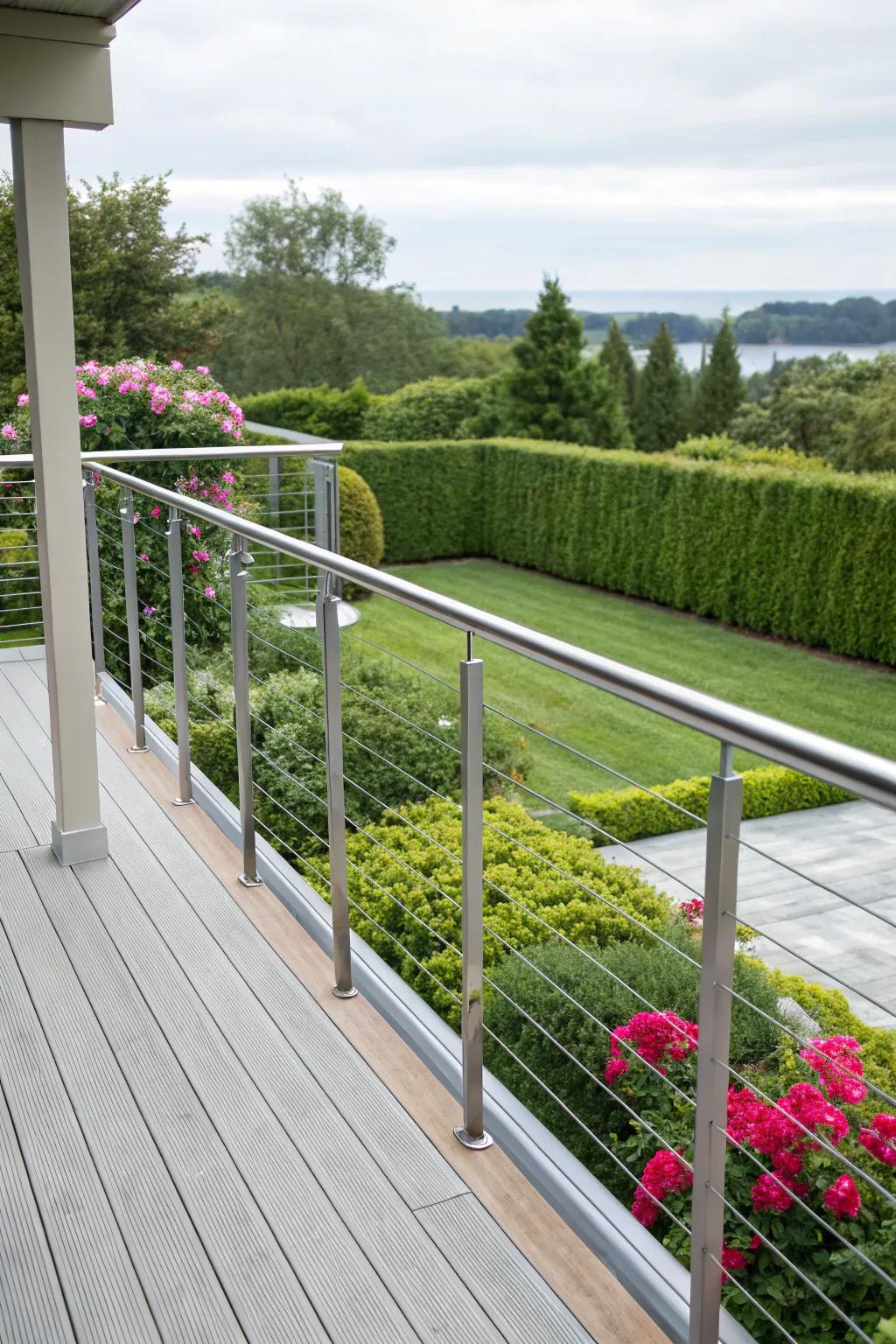 Understated aluminum railings lending a polished touch to a garden vista.