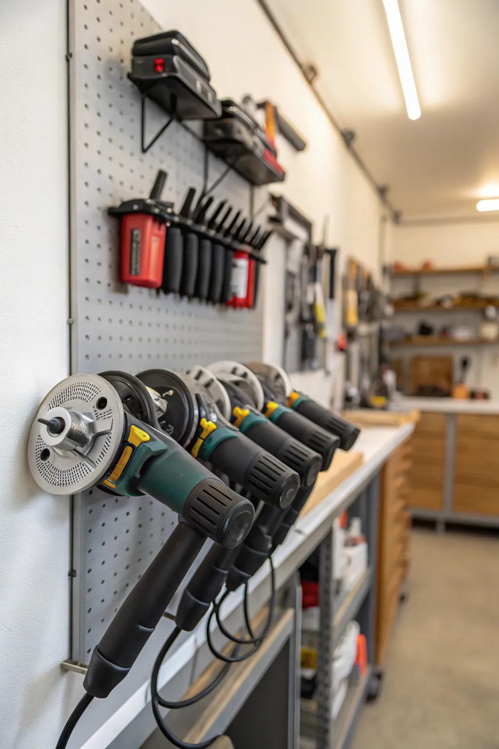 A metal rack connected to the wall provides a polished and useful storage option for angle grinders.