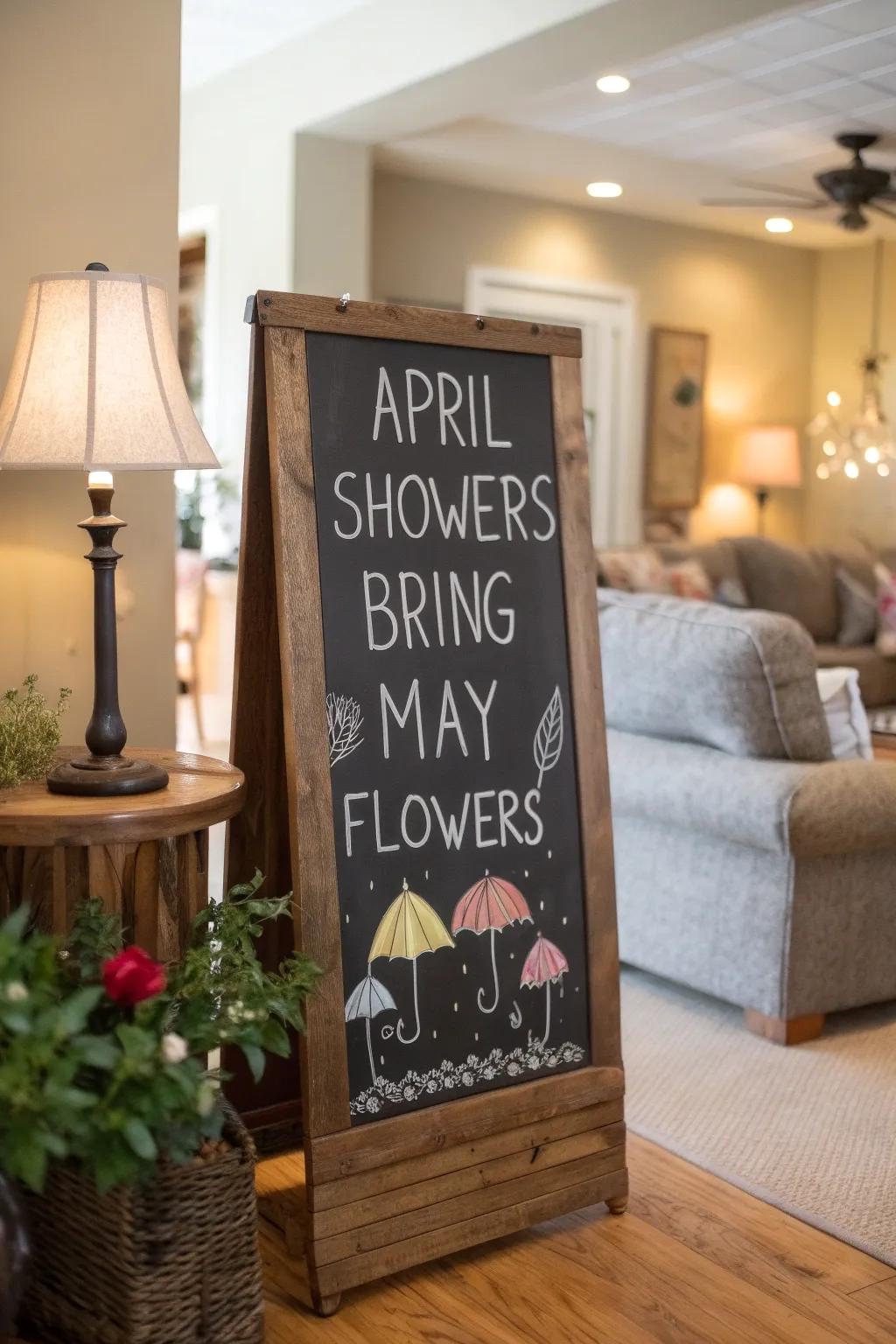 Umbrellas and raindrops in a spring rain scene.