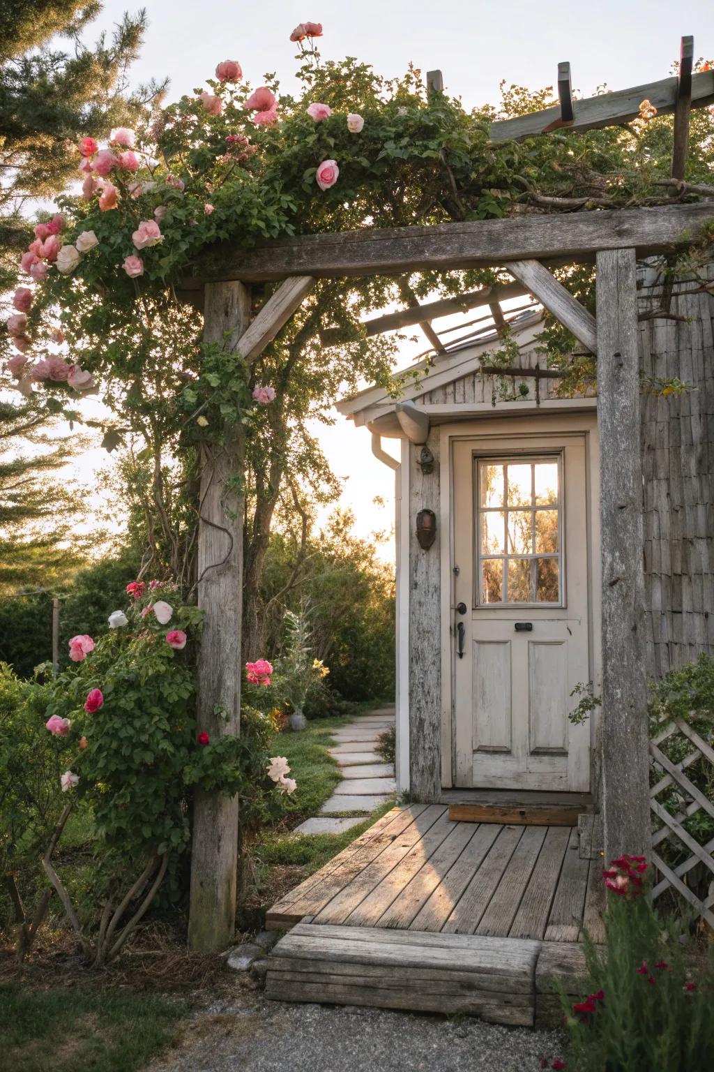 A country-style timber archway adorned with climbing roses, creating an ageless gateway.