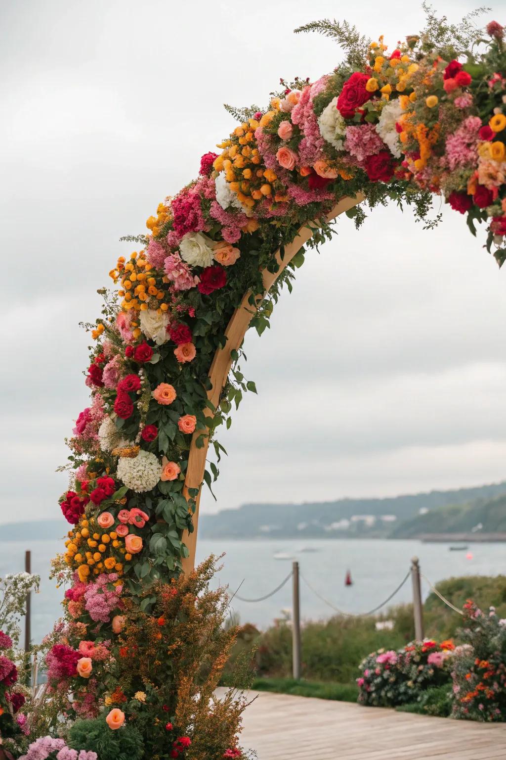 A floral arch overflowing with vibrant seasonal flowers for a lively and spirited impression.