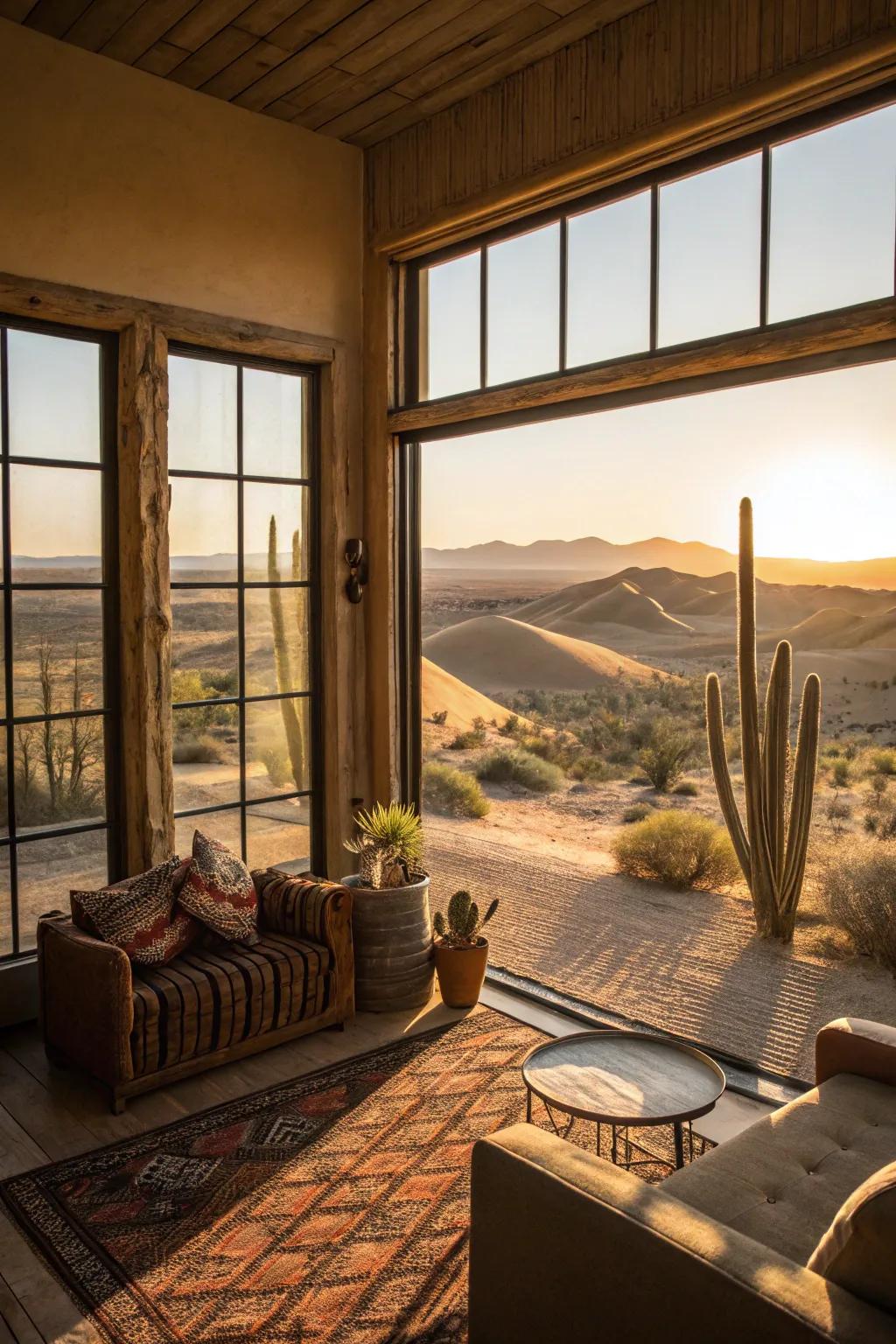Sunlight floods this Arizona room, creating a seamless transition between the interior and the picturesque desert.