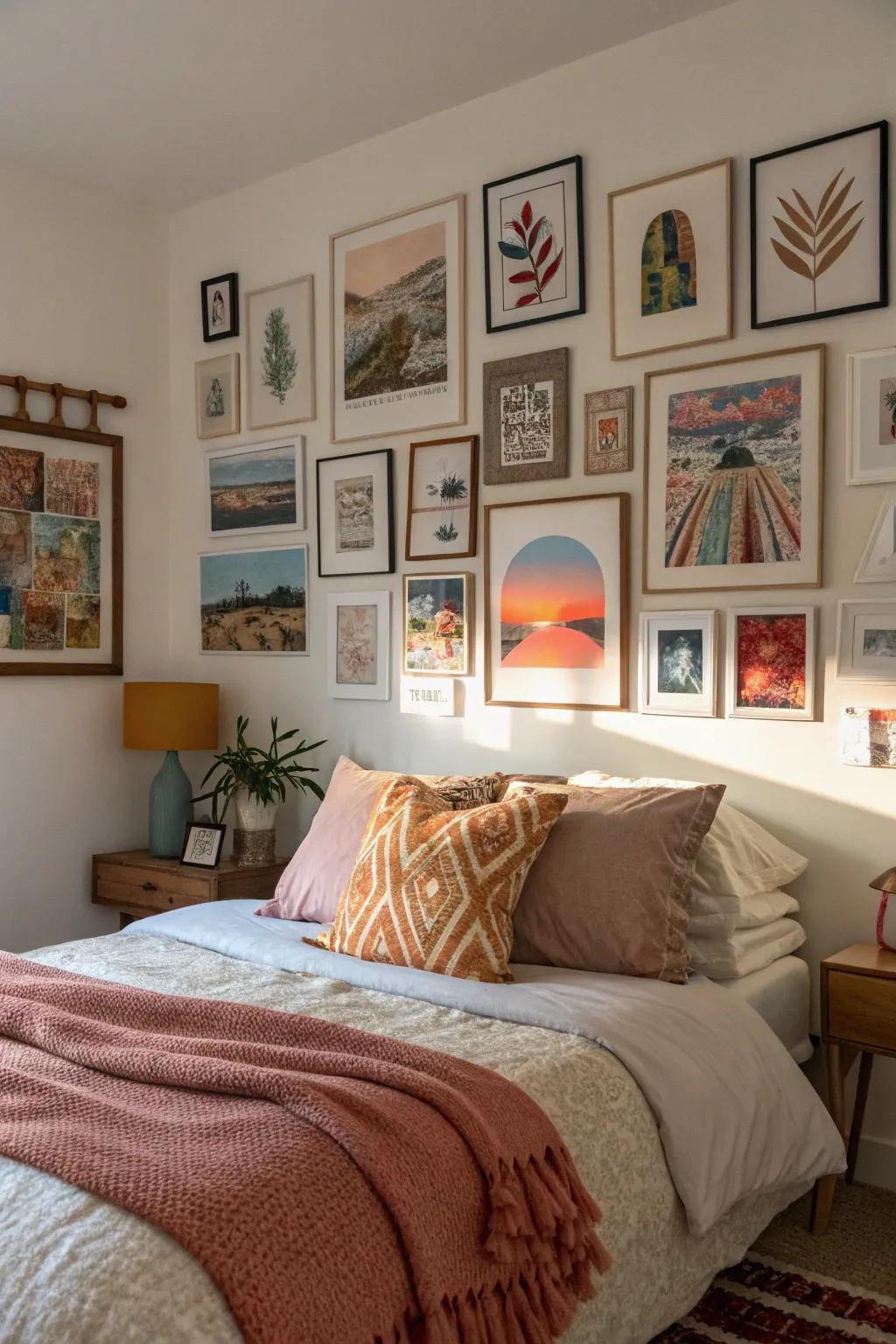 A gallery wall enhances your bedroom with character and visual richness.