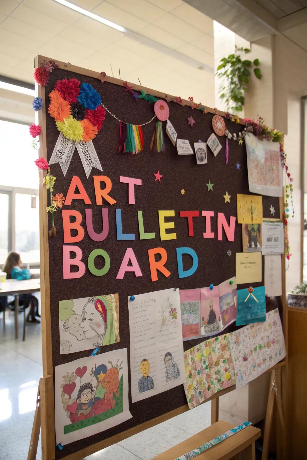 A welcoming art bulletin board featuring vibrant letters and decorations.