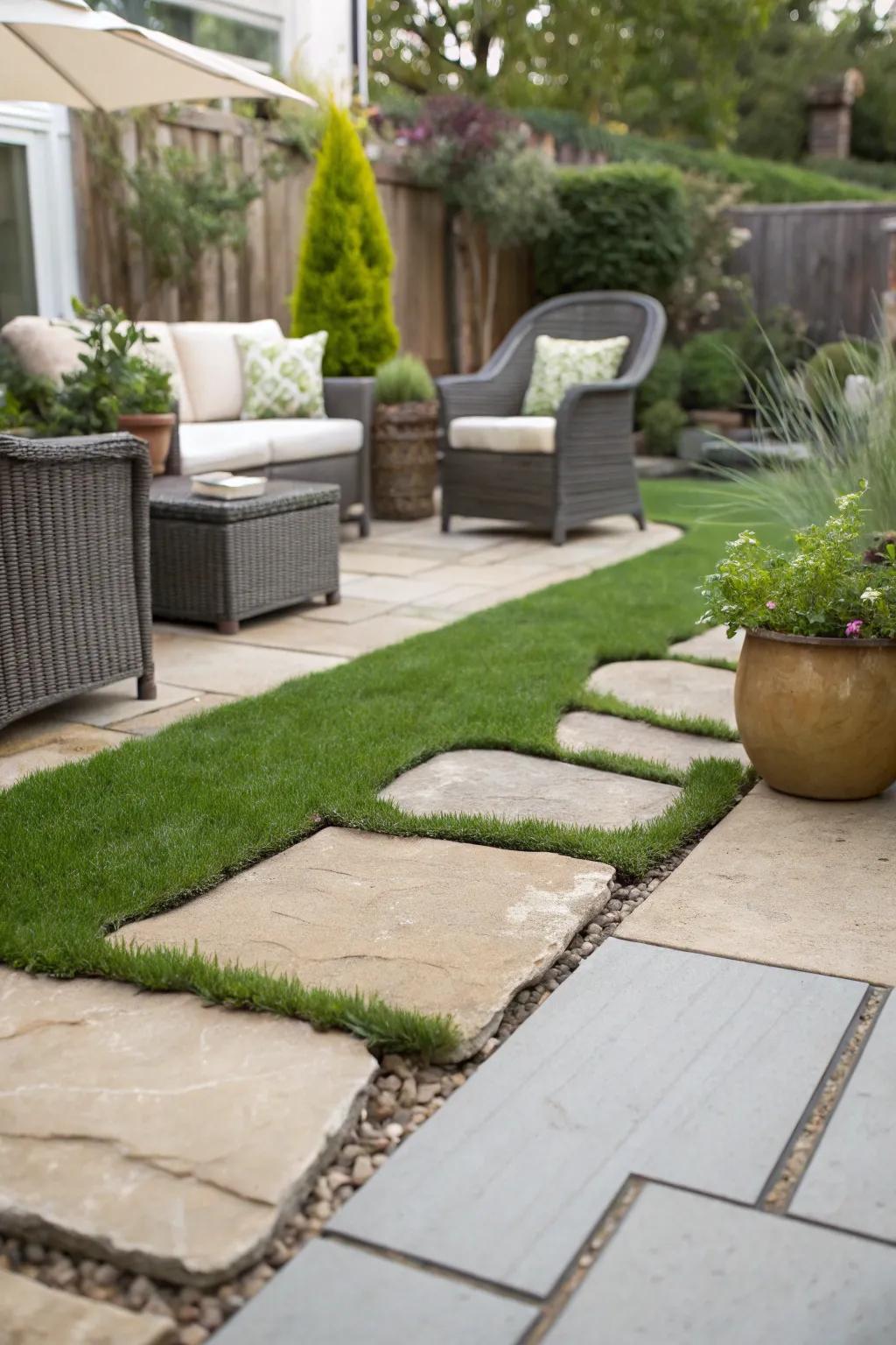 A harmonious blend of patio and garden using artificial grass.