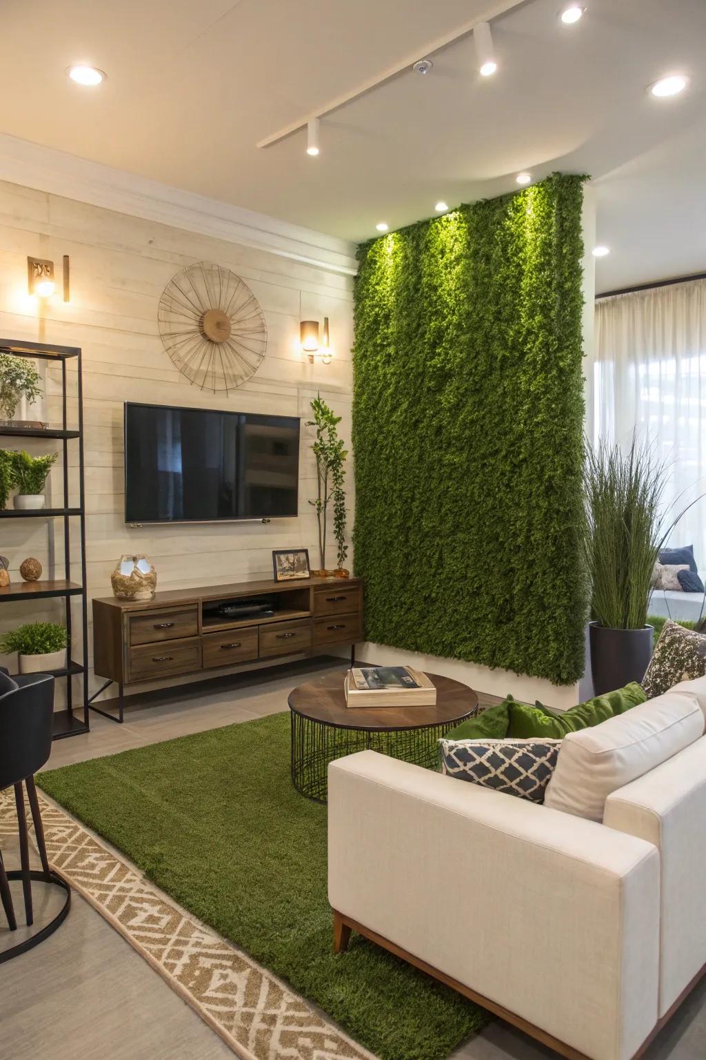A modern living space showcases an artificial green wall as an eye-catching center point.
