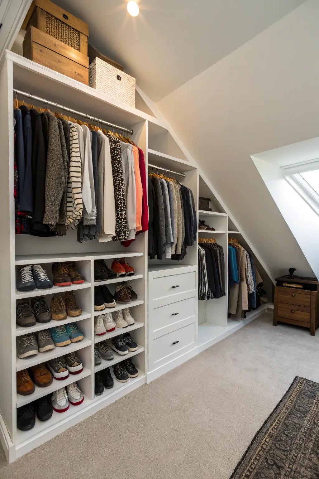 Custom shelving capitalizes on every nook under slanted roofs.