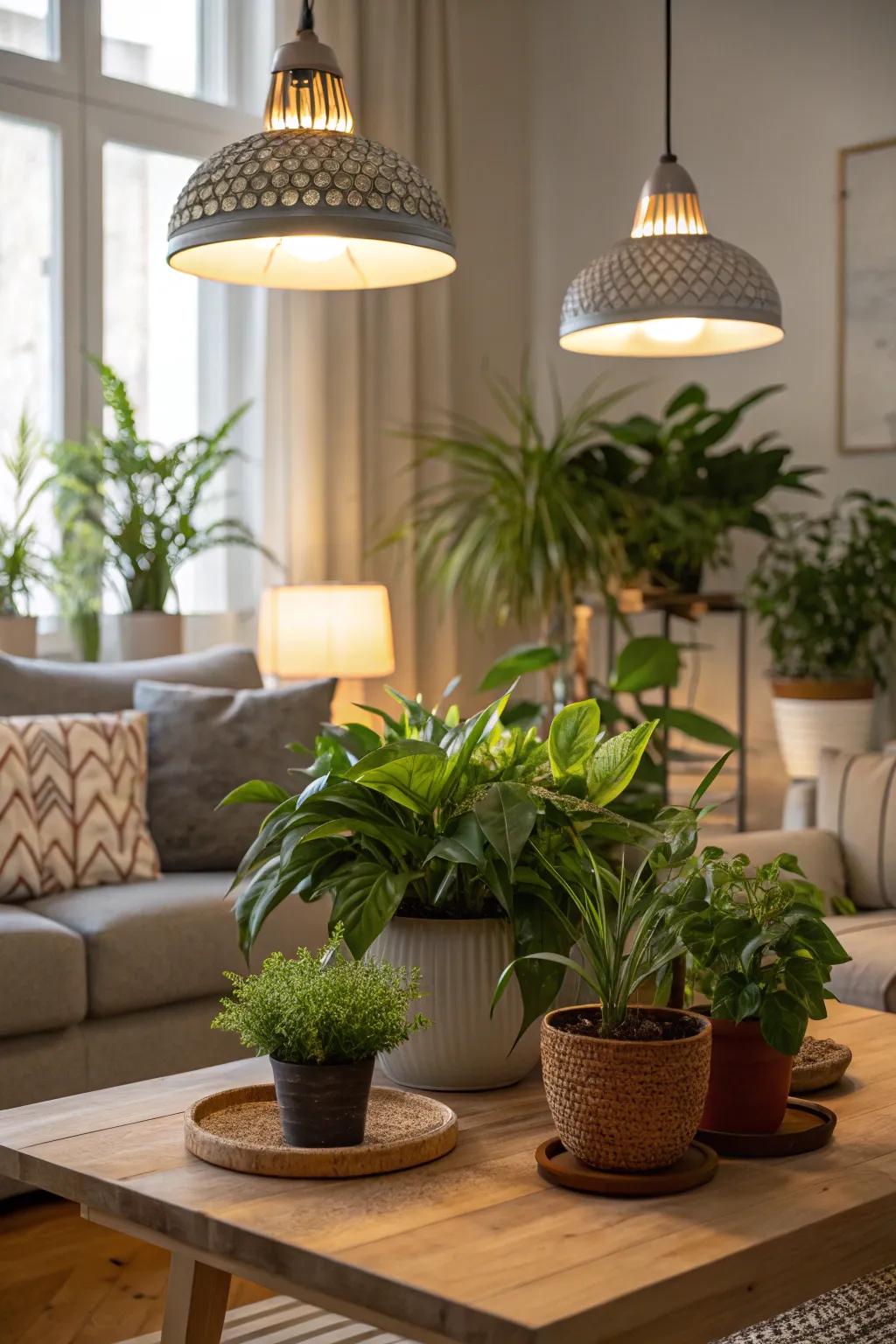 Pendant grow lights casting a graceful glow on a diverse collection of houseplants.