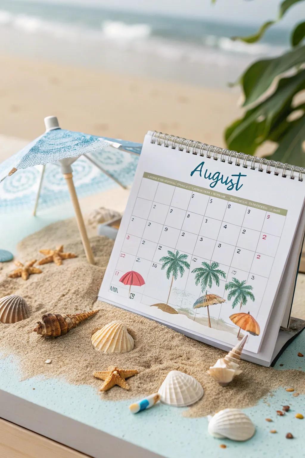 Evoke a coastal atmosphere in your calendar using seashell and palm tree elements.