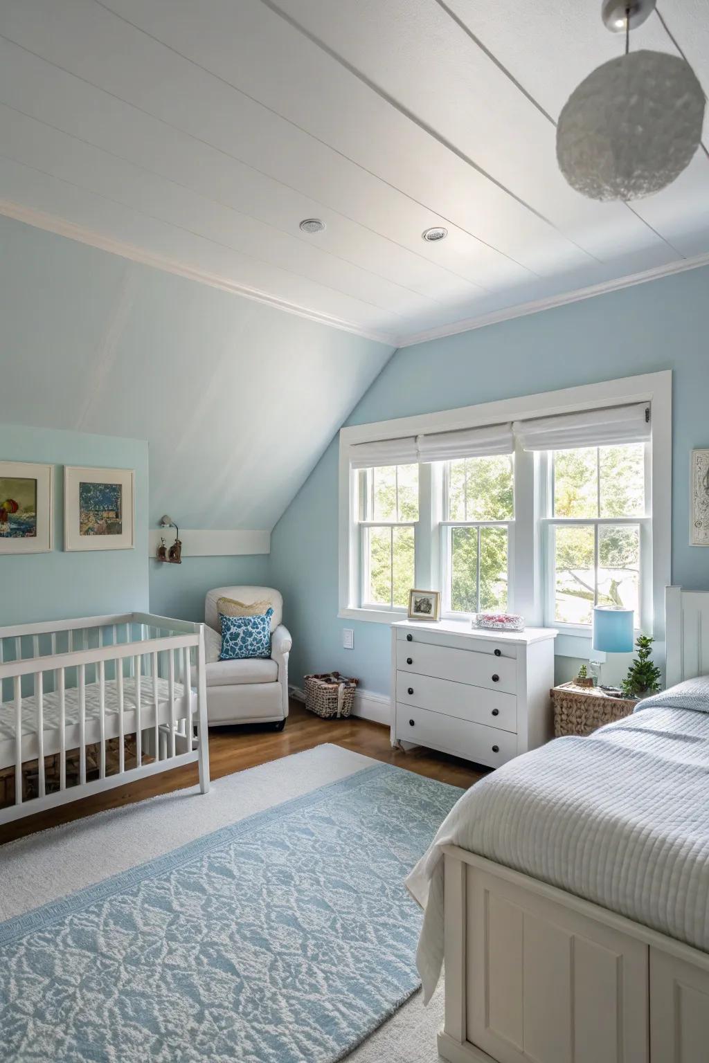 A soothing all-pale sky bedroom that perfectly embodies calm.