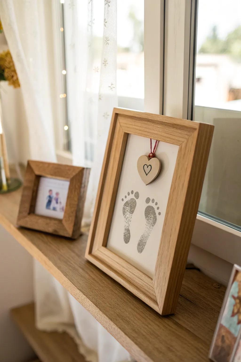An enchanting framed footprint memento ideal for grandma's cherished space.