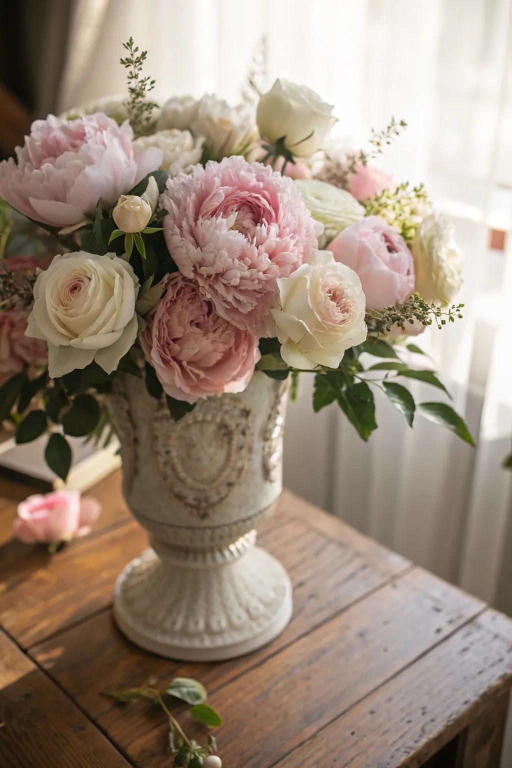 A dreamy floral centerpiece featuring pink peonies and white roses.