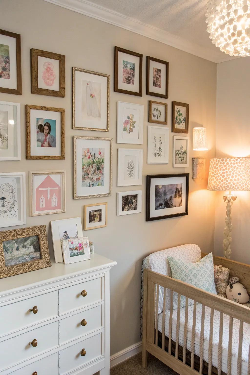 A gallery wall beautifully unites baby photos and art prints.
