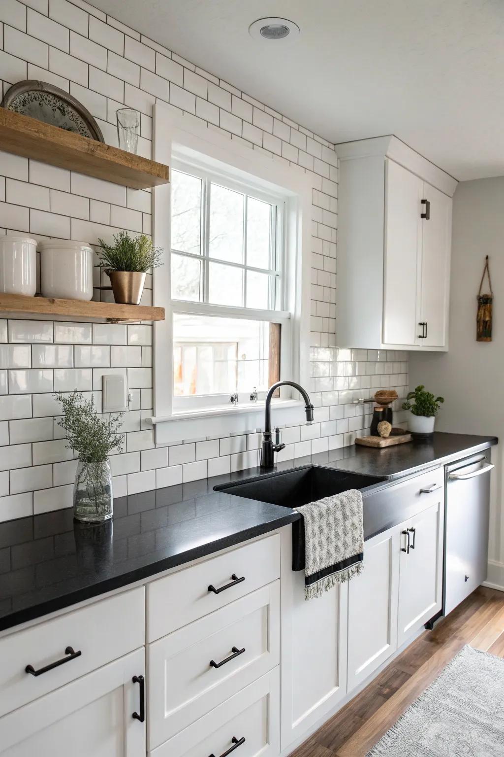 Ivory brick tiles provide an exquisite contrast to dark countertops.
