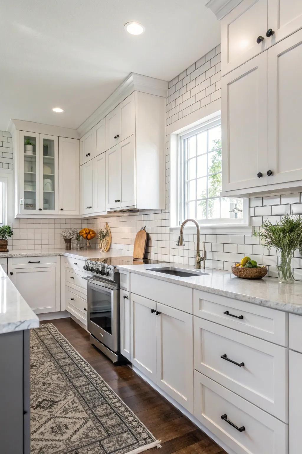 Classic white square tiles pair effortlessly with white cabinets