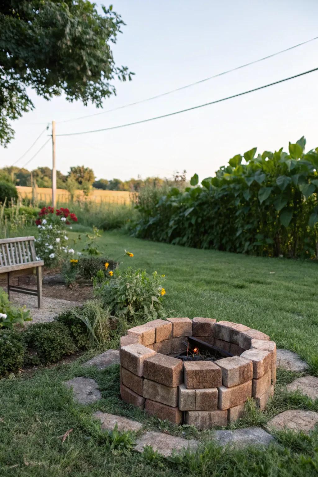 Design a captivating DIY brick fire feature utilizing recycled resources.