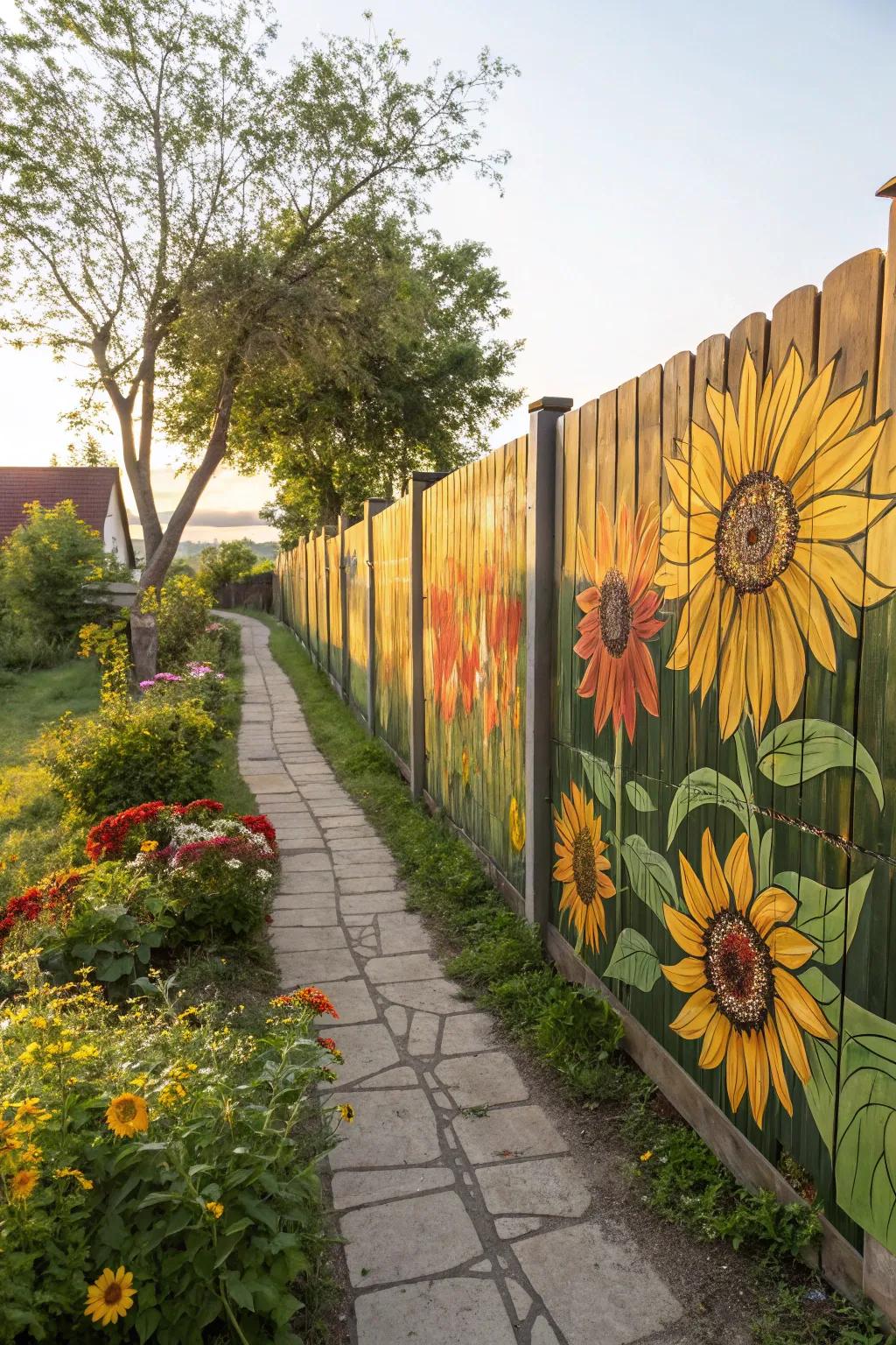 A sunflower-painted fence infuses warmth and cheer into any outdoor space.