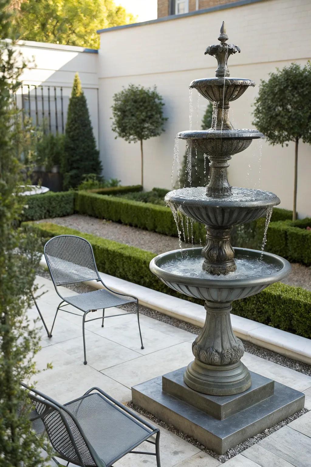 A minimalist metal fountain infuses a hint of contemporary sophistication into any backyard.