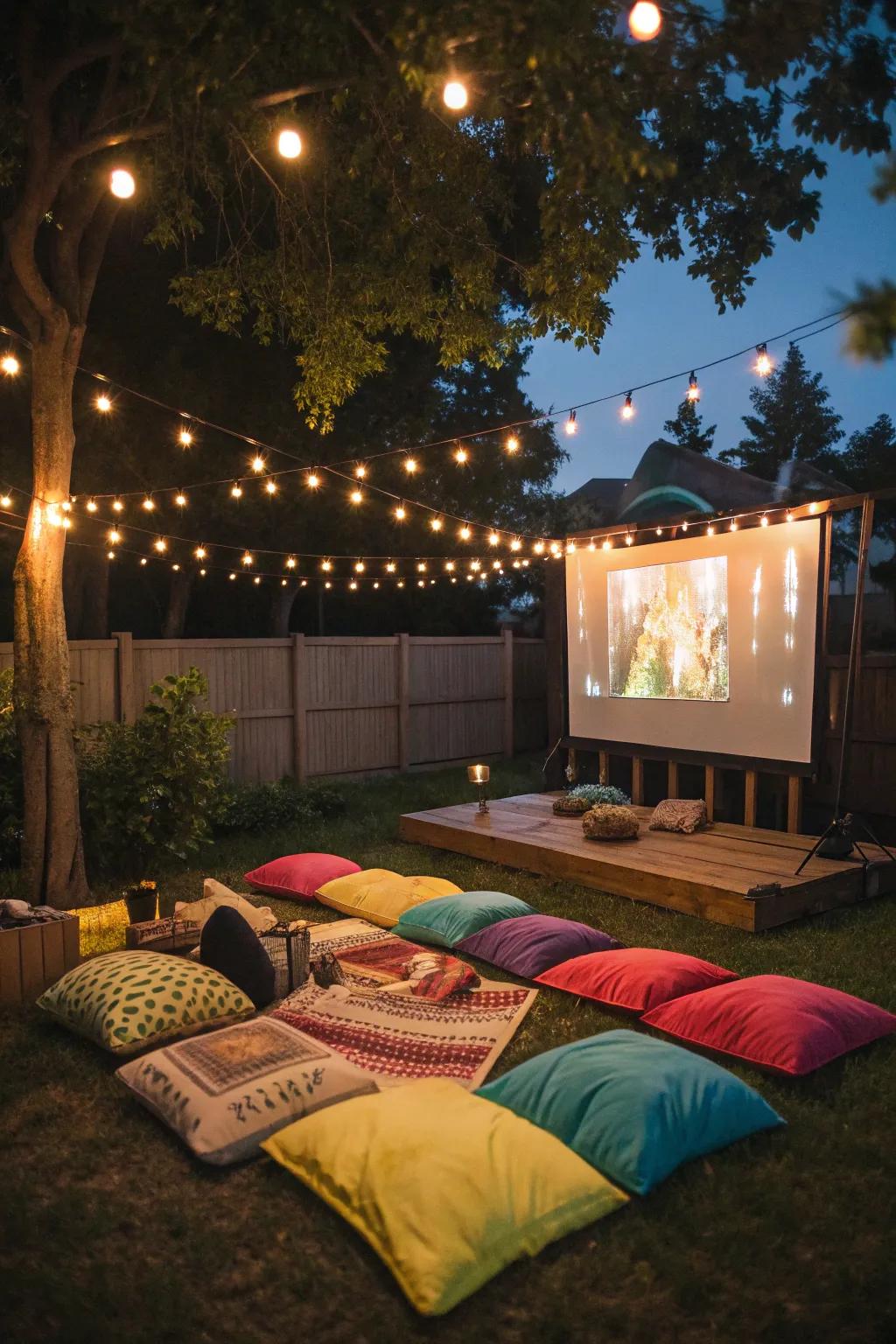 Vibrant floor cushions provide a welcoming and relaxed seating choice for your backyard movie night.