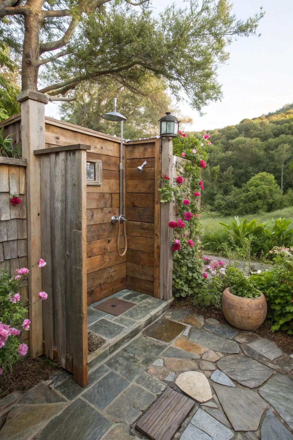 A countryside-themed outdoor rinsing station featuring reused timber walls and a stone-tiled floor.