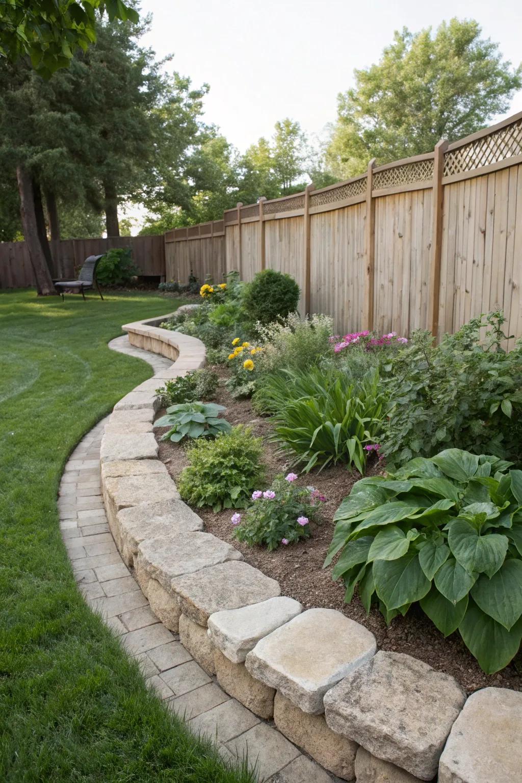 Winding rock borders softly embrace your garden's enchantment.