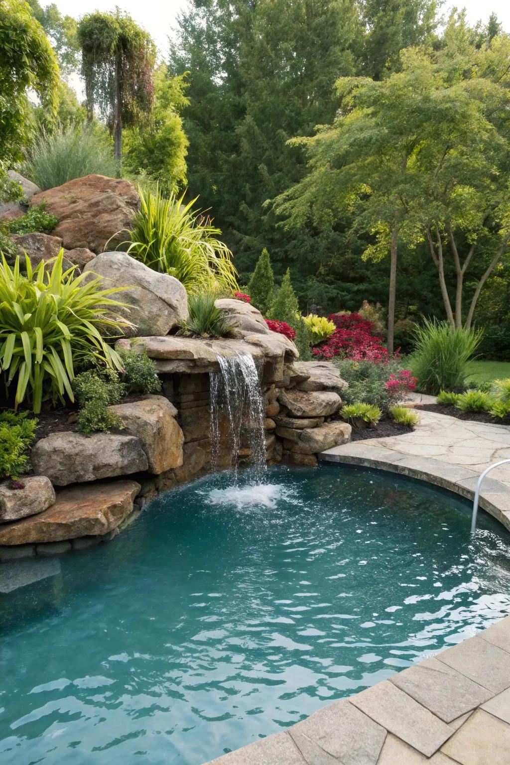 A natural rock waterfall lends an organic feel to your backyard pool.