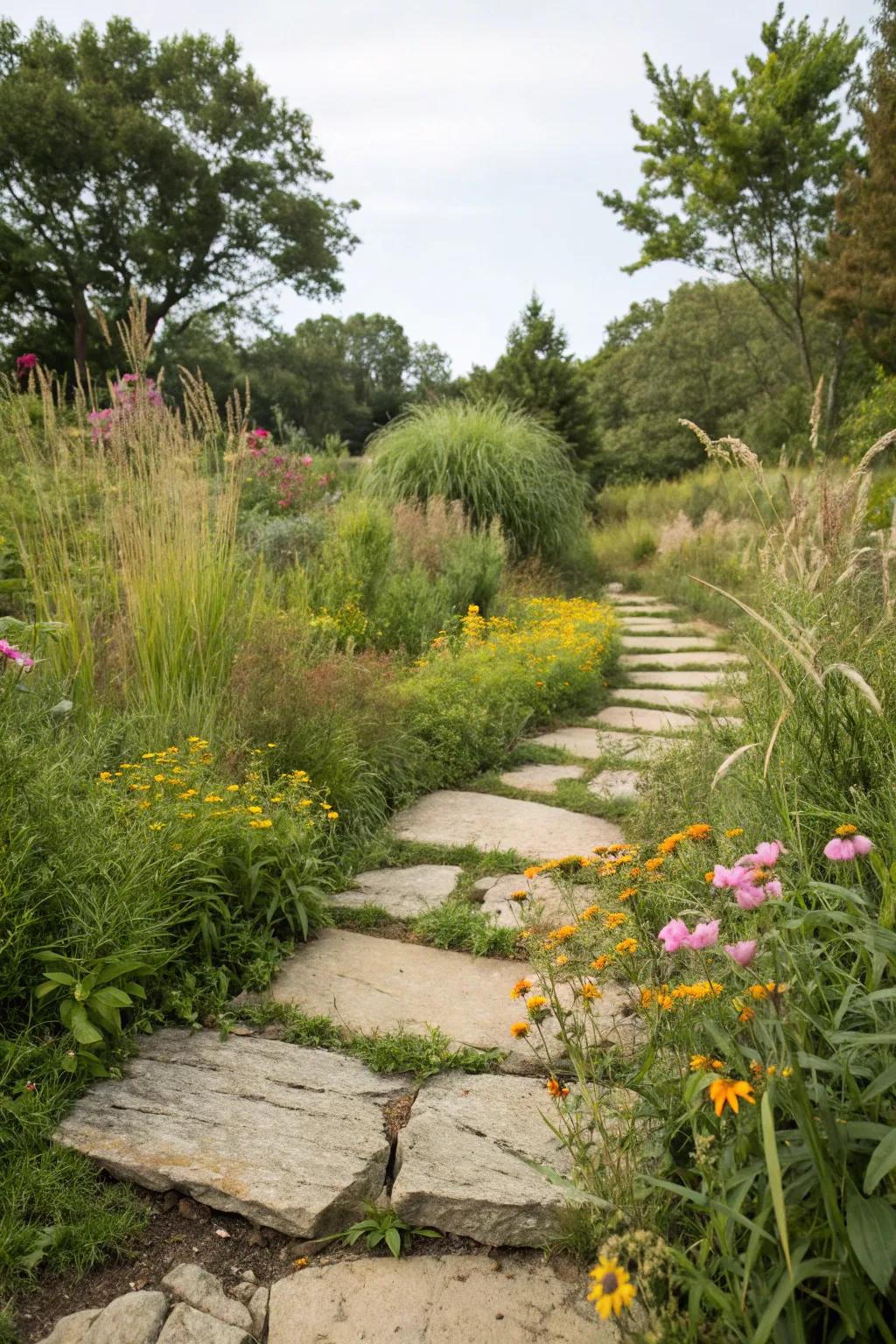Natural stone stepping stones fashion a down-to-earth, organic pathway.