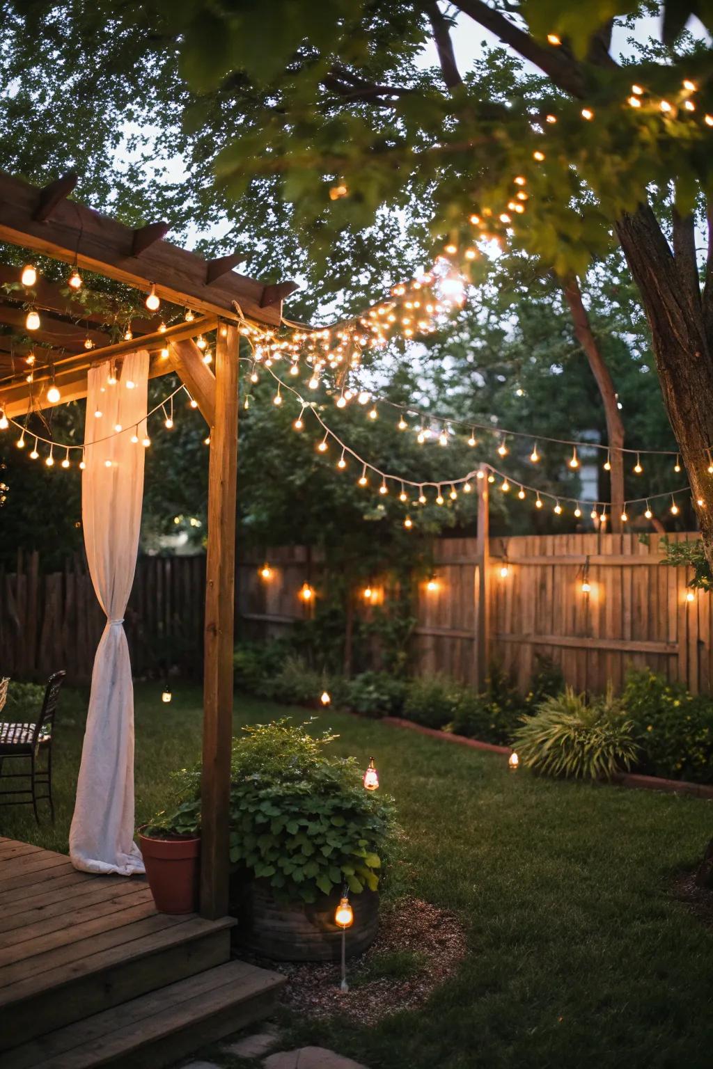Twinkle lights arranged beautifully over a backyard scene, enhancing the emotional atmosphere.