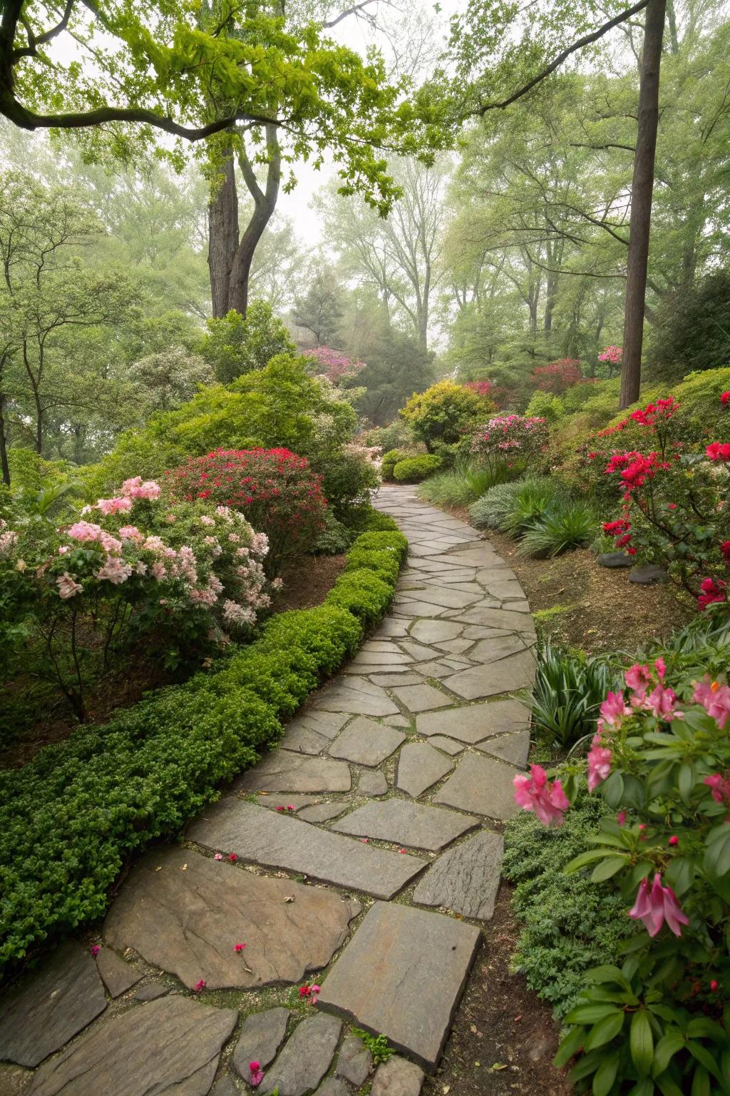 A stone walkway elegantly meandering through a vibrant green backyard.