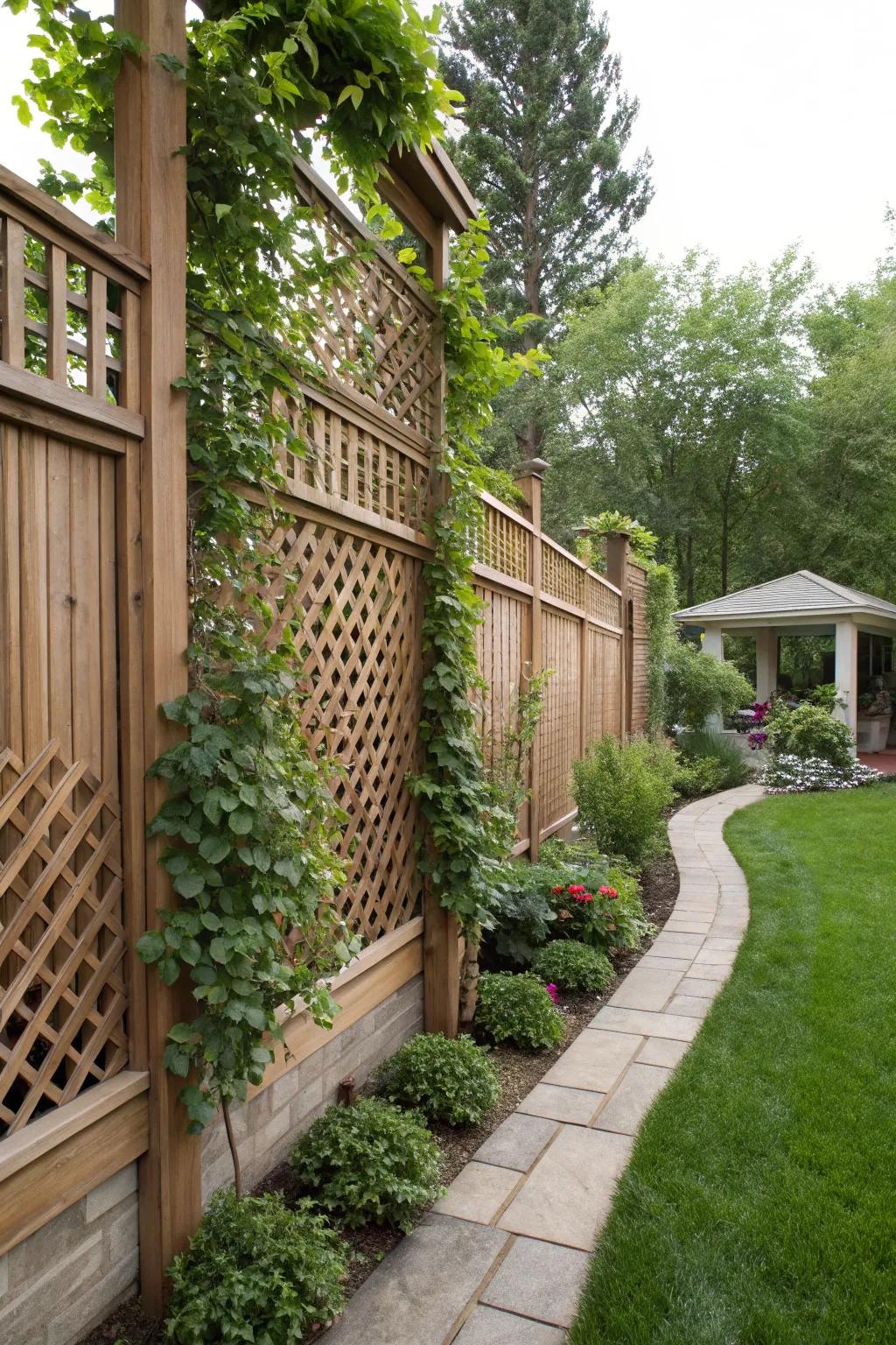 Design a natural privacy screen using lattice and vibrant climbing plants.