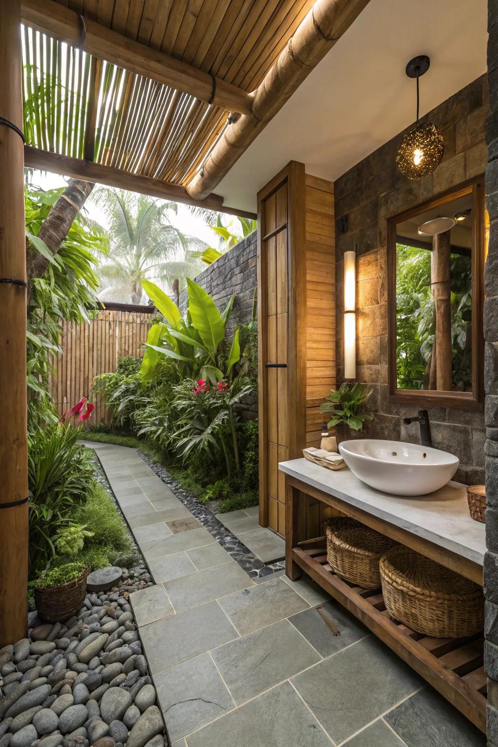 Organic materials such as bamboo and stone foster a grounded, peaceful atmosphere.