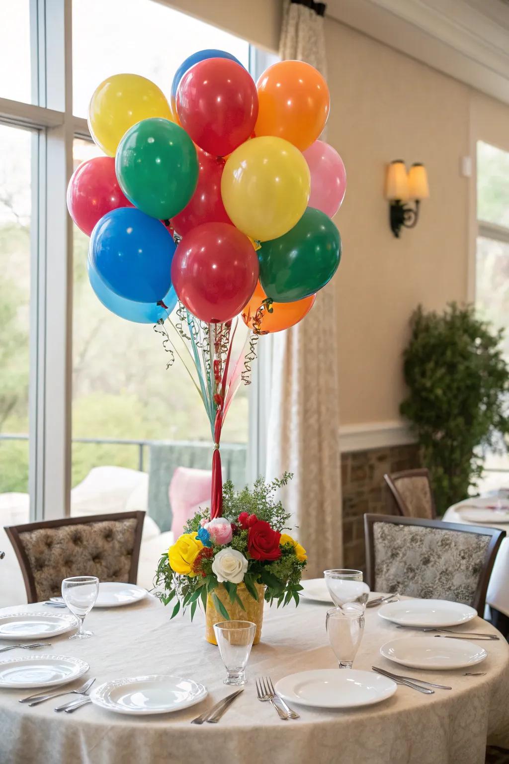 A vibrant balloon bouquet centerpiece infuses a dining table with energy.