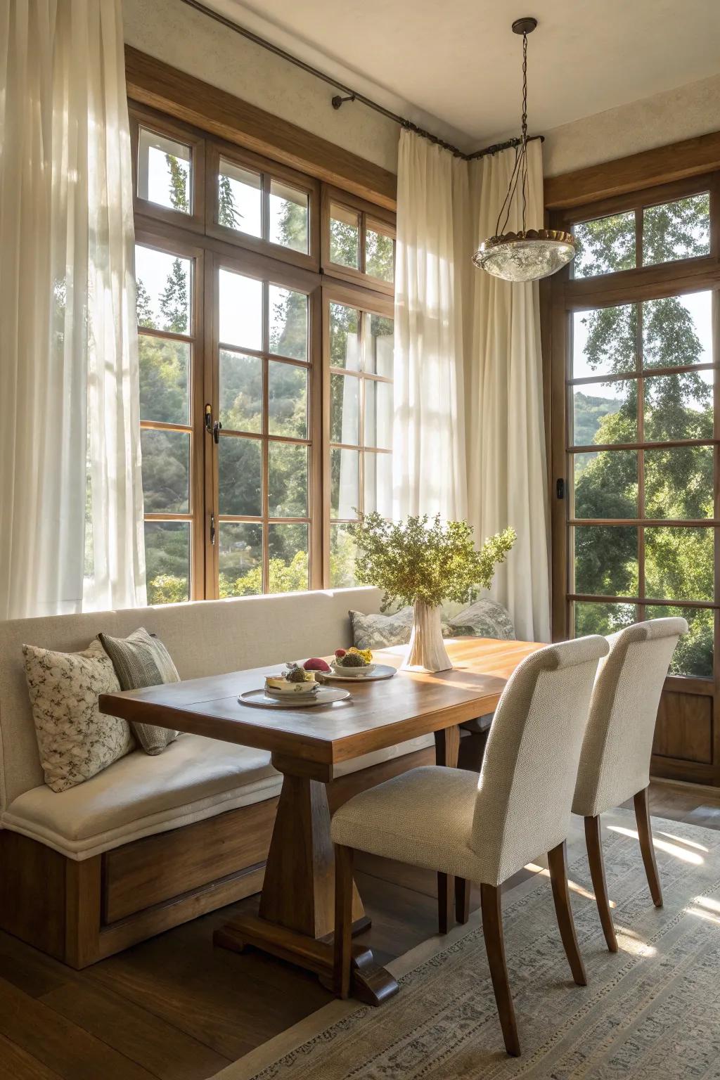 A brightly lit dining area features banquette seating nestled beside a generous window.