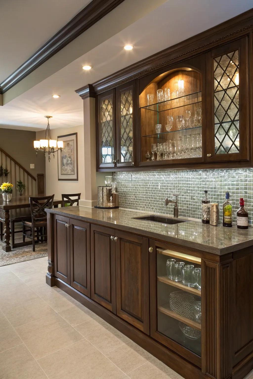 A refined home bar showcasing a shimmering glass tile backsplash.