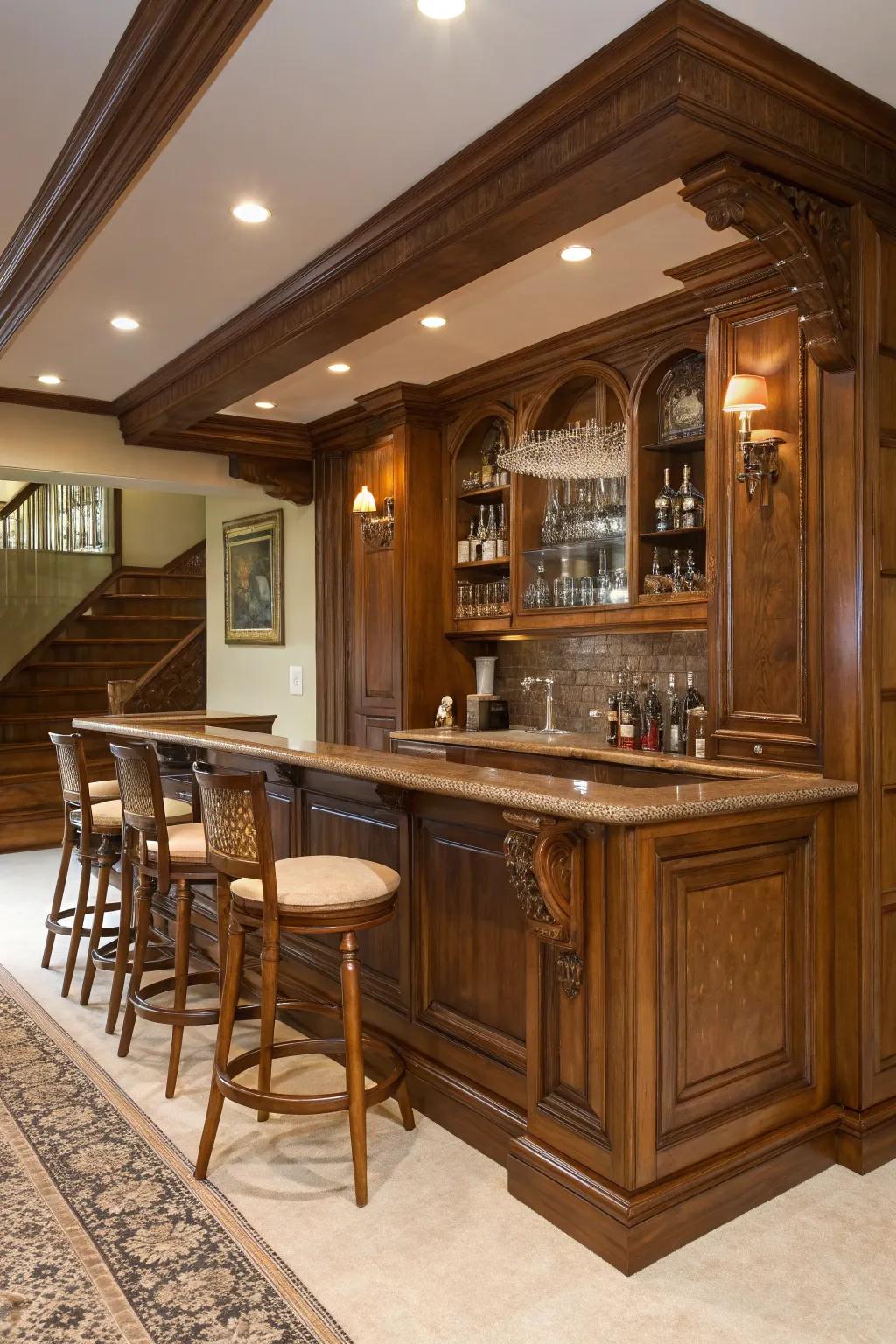 Deep wood textures infuse warmth and class into any bar setting.